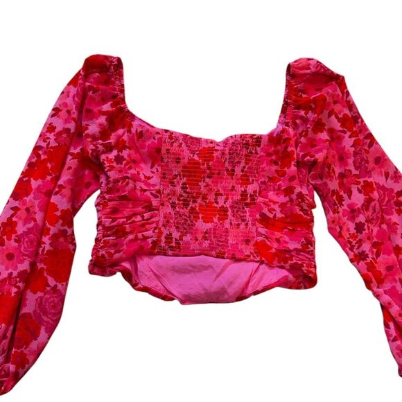 Free People Pink and Red cropped runched Floral Blouse XS - Picture 3 of 8